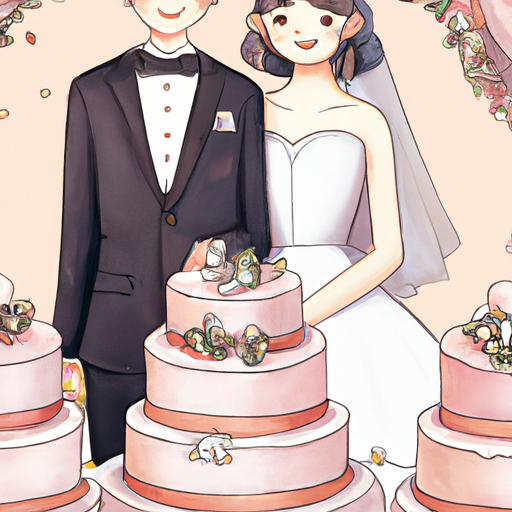 איור של זוג עומד מול עוגת חתונה