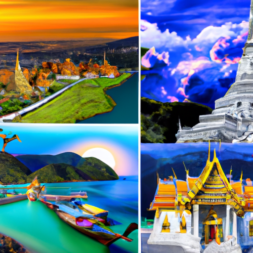 קולאז' של יעדים תאילנדיים פופולריים, כולל בנגקוק השוקקת, צ'אנג מאי השלווה ופוקט הציורית.